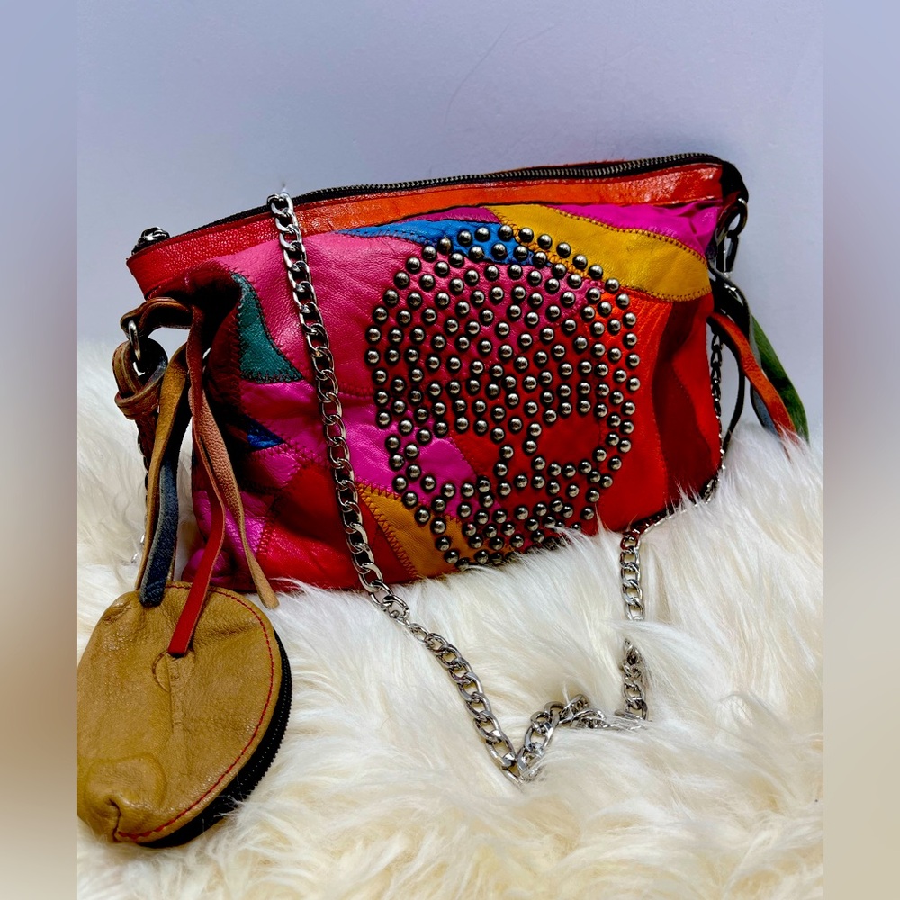 Ameri Leather Patchwork Studded Skull Clutch/ Cro… - image 1
